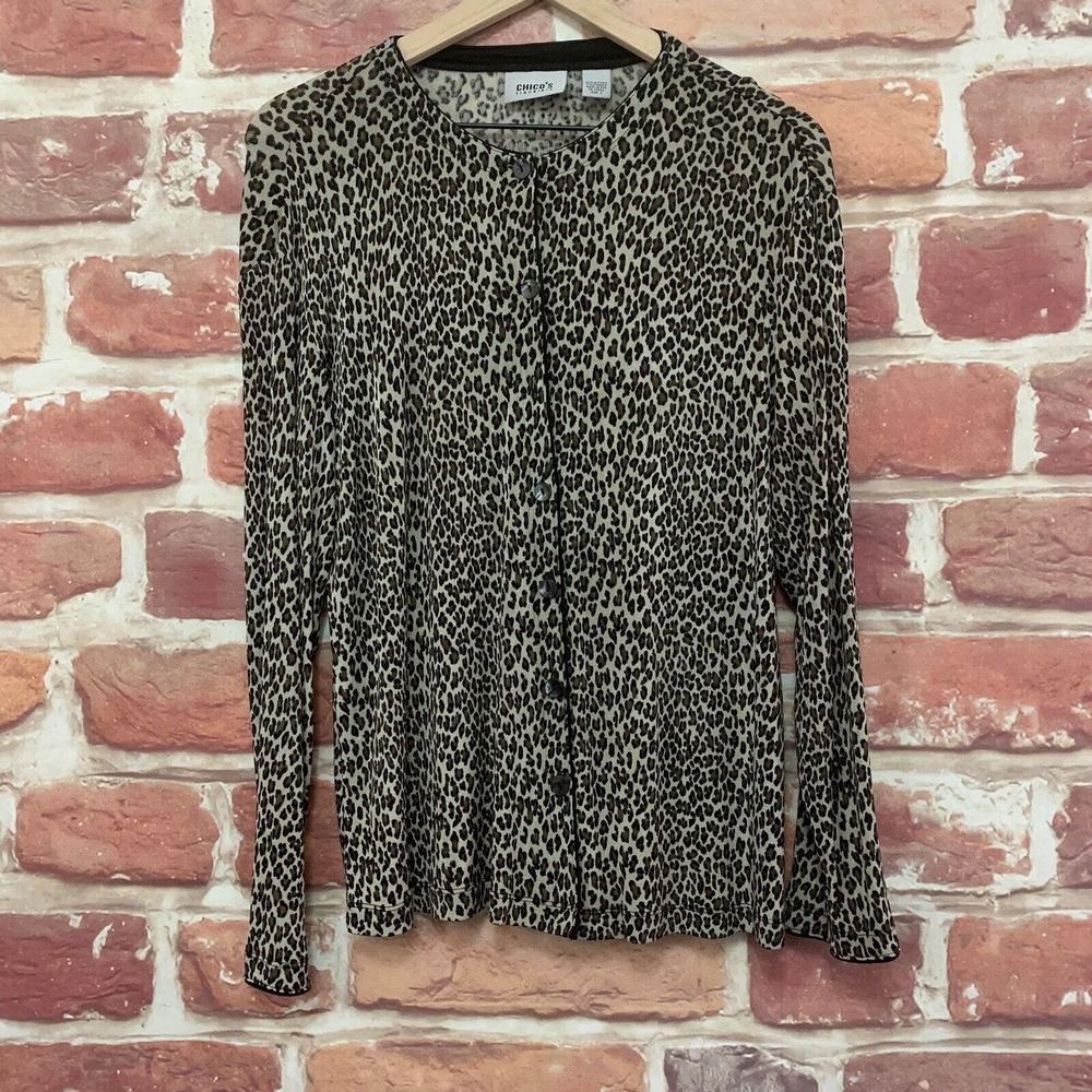 Chicos Travelers Top Women's Medium Tan Black Leopard Animal Print Blouse